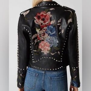 BLANKNYC Studded Black Leather Jacket with Floral Embroidery